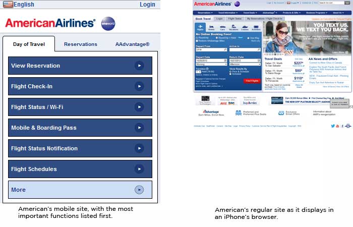 American Airlines mobile & regular sites