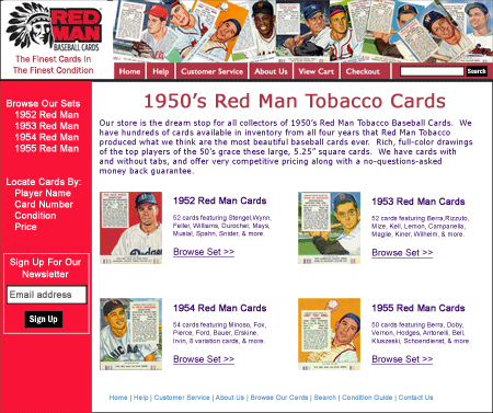 Our hypothetical example web site: RedManBaseballCards.com, an ecommerce site