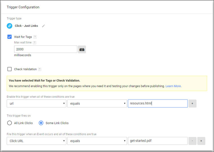 Google Tag Manager configuration for Trigger for clicking on a specific link on a specific page