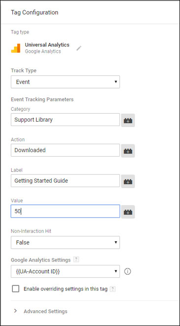 Google Tag Manager Tag configuration for recording an Analytics Event