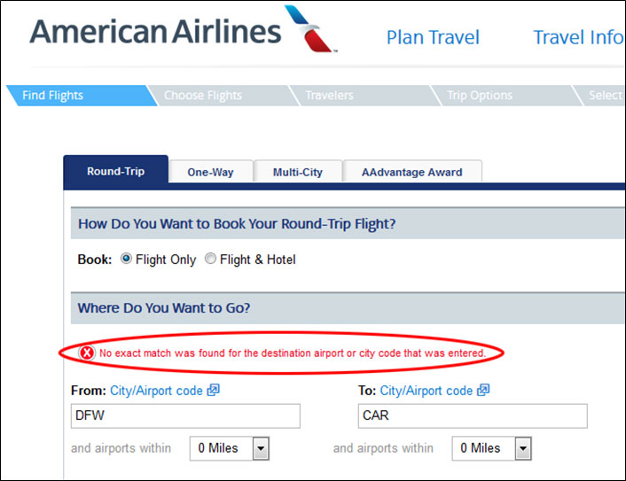 American Airlines site showing a message alerting user to problems in filling out the form