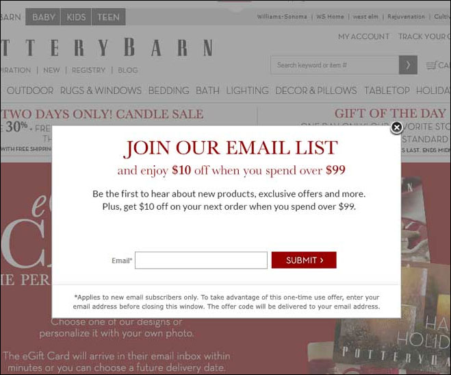 Mailing List pop-up modal at Pottery Barn