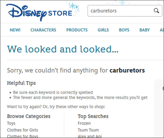 Screenshot of Disney website with no search results