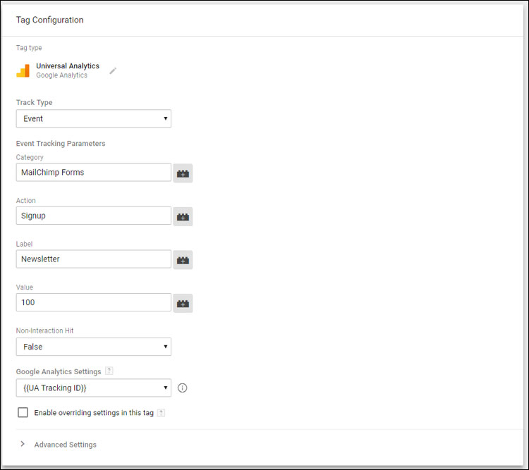 The creation of Event tags in GTM is straightforward for pretty much any Event. Choose "Event" as the Track Type, and enter the values you want for Category, Action, Label, Value, and Non-Interaction. Finally, provide your UA Tracking ID.