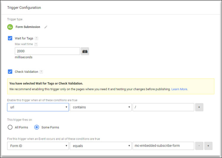 Trigger Setup for a MailChimp signup form submission in Google Tag Manager