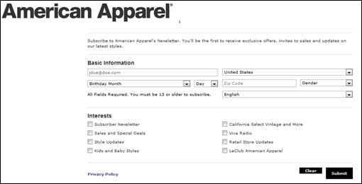 American Apparel email sign-up