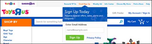 Toys R Us email sign-up