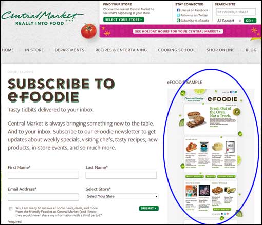 Central Market email sign-up with sample