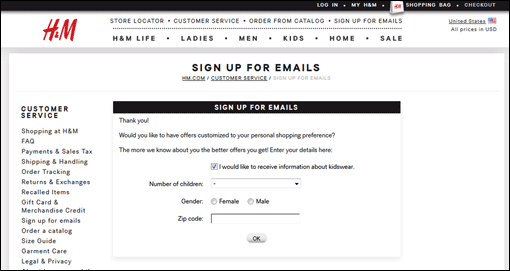 H & M email sign-up confirmation page