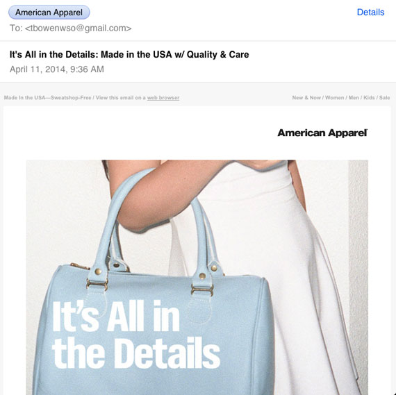 Email from American Apparel viewed on an iPad