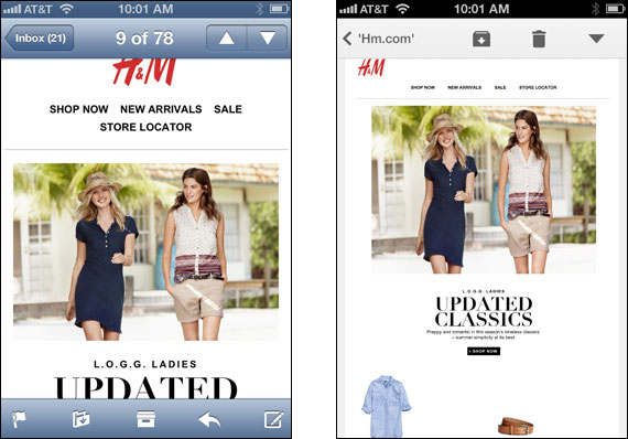 H&M email on mobile