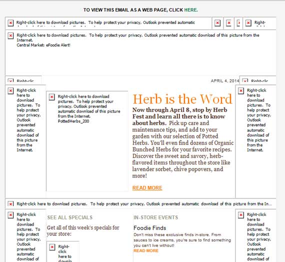 Email from Central Market with images turned off
