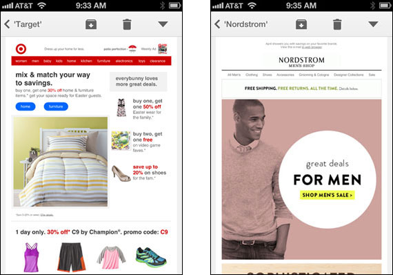 Target/Nordstrom emails in Gmail on iPhone