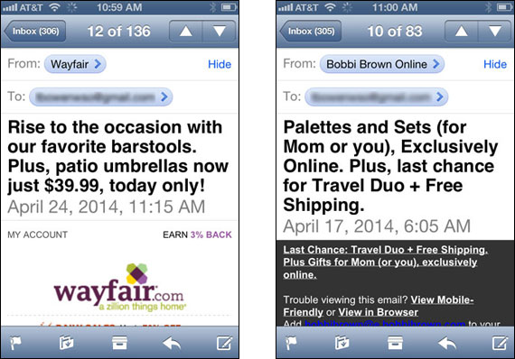 Emails from Wayfair & Bobbi Brown