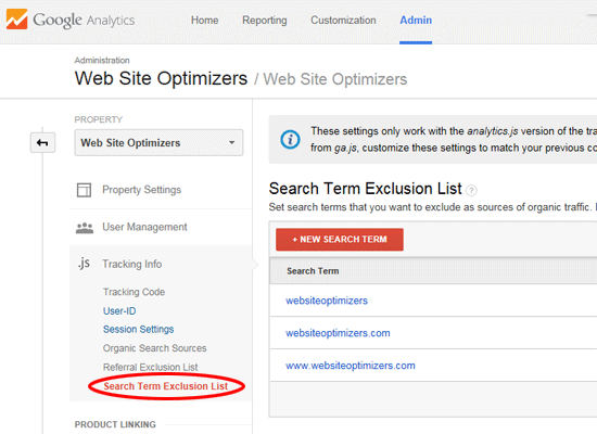 Universal Analytics Search Terms Exclusions Administration