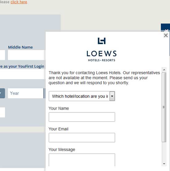 Chat box at Loews YouFirst Registration