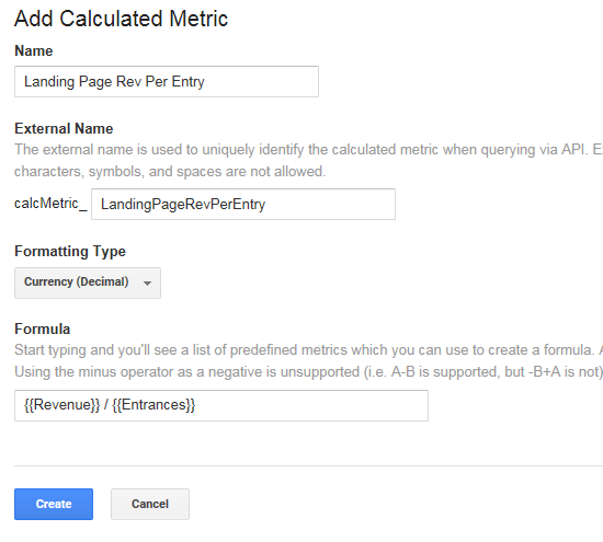 Calculated Metric for Landing Page Revenue Per Entry