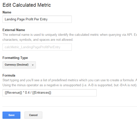 Landing Page Profit per Entry calculated metric