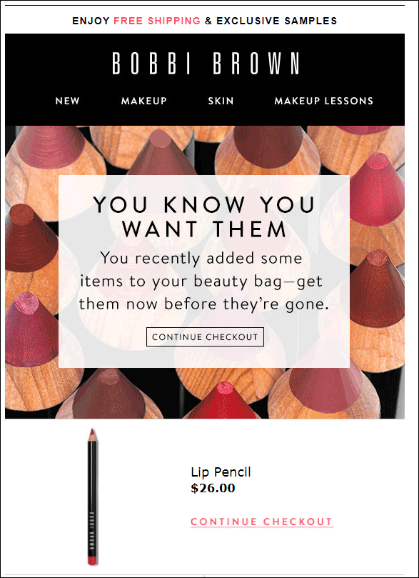 Cart Recovery email from Bobbi Brown Cosmetics with good Calls To Action