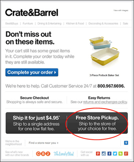 Cart abandonment email from Crate & Barrel with non-discount incentives to complete order