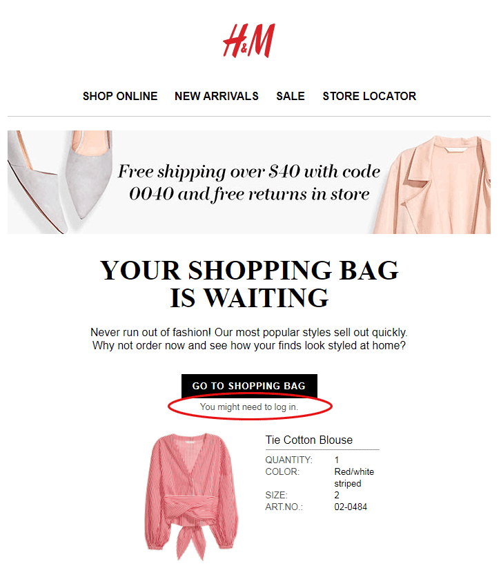 Cart recovery email from H&M noting that you might be required to log in to see your order