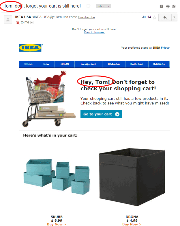 Cart abandonment email from Ikea, using personalization