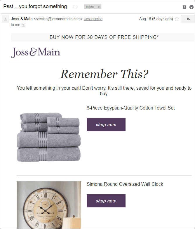 Remarketing email from Joss & Main with images of products in order as the focus