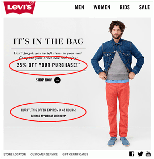 Remarketing email from Levis with discount code as a sweetener