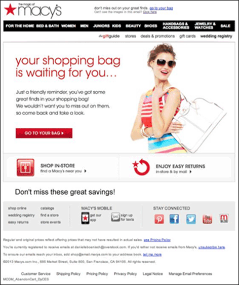 Remarketing email from Macy's without contents of the order shown