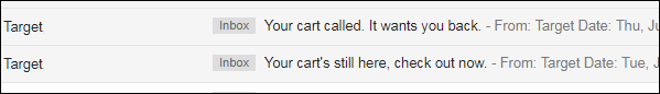 Subject lines of cart recovery emails from Target