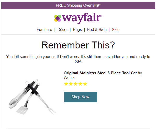 Example Cart Recovery email from Wayfair