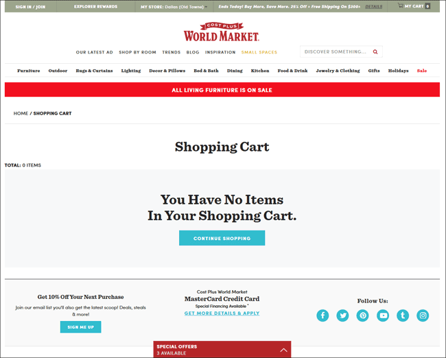 Empty Cart page from retailer World Market
